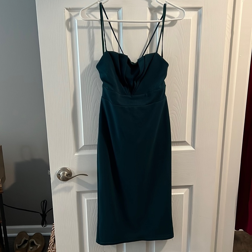 hello molly teal wedding guest midi cross strap